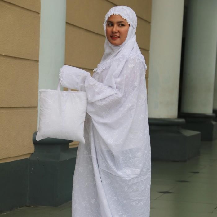 Mukena terusan Katun Jepang full Bordir jumbo prada putih polos motif lembut premium