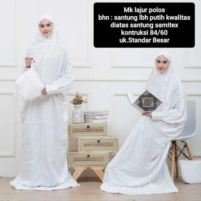 Mukena Putih Polos Santung Rayon Adem Tebal Karet Kepala Mukenah Dewasa Lajur Lajuran Atas Bawah Pra