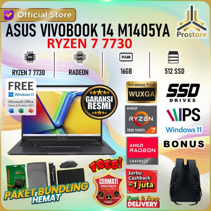 Asus Vivobook 14 Oled M1405Ya Ryzen 7 7730 - Ryzen 5 16Gb 1Tb W11+Ohs