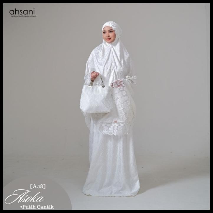 terbaru mukena dewasa ahsani asoka a18 sutra bordir original jumbo putih promo