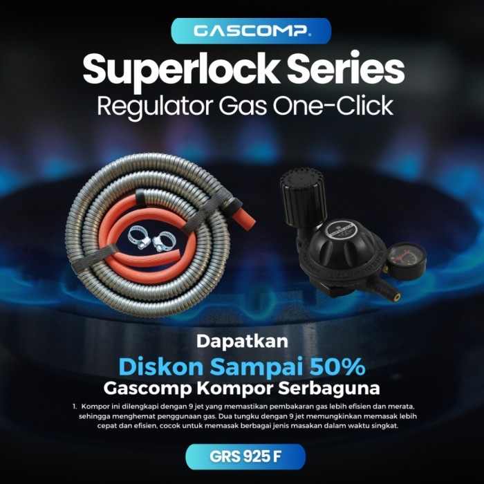 GASCOMP Superlock Regulator Gas Low Pressure dengan Selang Flexible 5 Lapisan Kuat dan Awet Selang