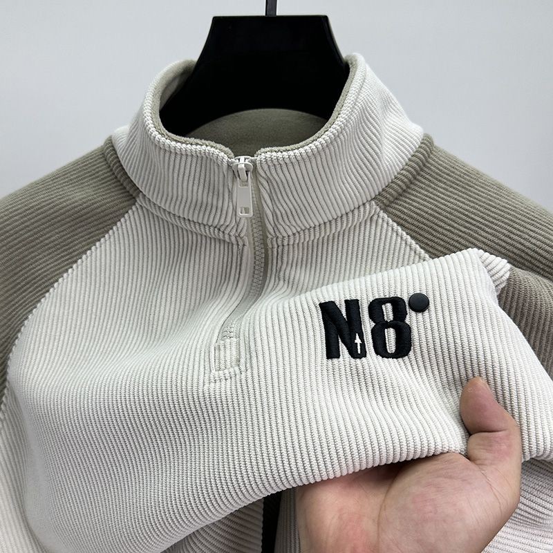 Kaos Raglan Lengan Panjang Tebal Berleher Tinggi untuk Pria, Setengah Ritsleting