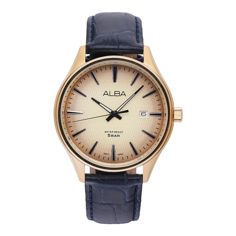 [PRJ 12.12] Jam Tangan Pria Alba Prestige AS9V16X1 Men Gold Dial Black Leather Strap