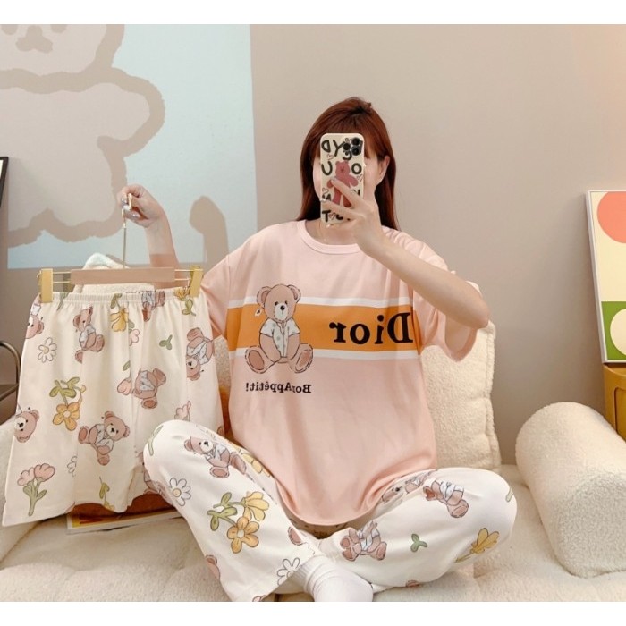 BAJU TIDUR SETELAN 3 IN 1 WANITA PIYAMA IMPORT BAHAN KAOS SPANDEKS