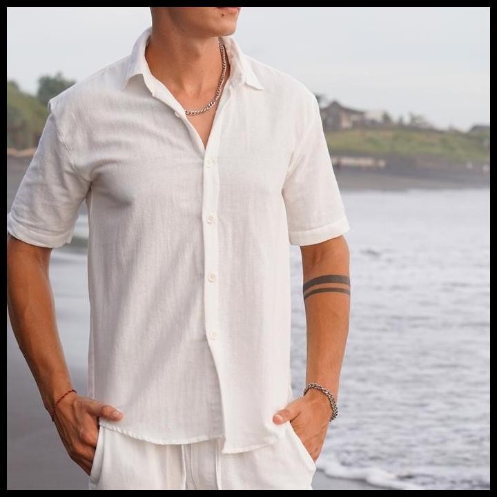 Kemeja Pria Linen Katun Angel Canggu Series Kemeja Pantai Putih Casual Lengan Pendek Polos Beachwell
