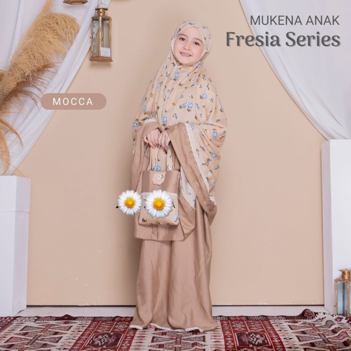 Mukena Anak Mukena Anak remaja Tanggung 8 tahun -15 tahun Bunga Salur - Fresia Mocca, 5sd-6sd adem m