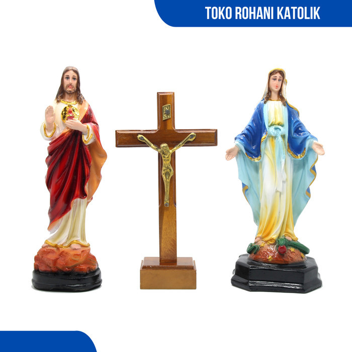 Set Patung Maria Dan Yesus + Salib Duduk / Set Patung Bunda