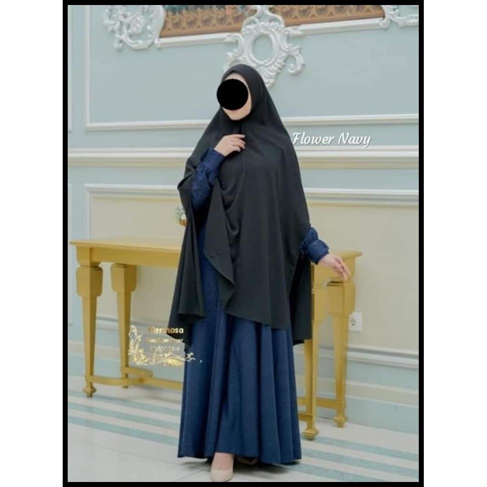 terbaru gamis hermosa motif flower warna navy/gamis biru dongker murah promo