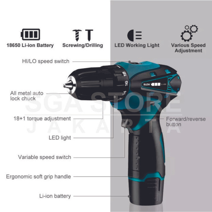 Hilda Cordless Drill Dual Speed 12V / Hilda Bor Baterai 10mm