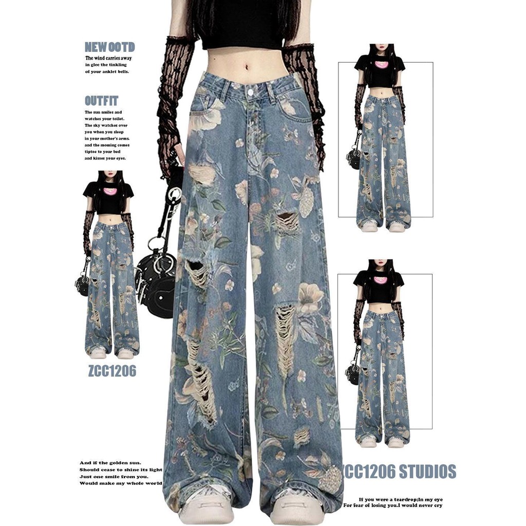 Celana Jins Sobek Motif Bunga Retro Wanita, Celana Pel Kaki Lebar Lurus Longgar Pinggang Tinggi