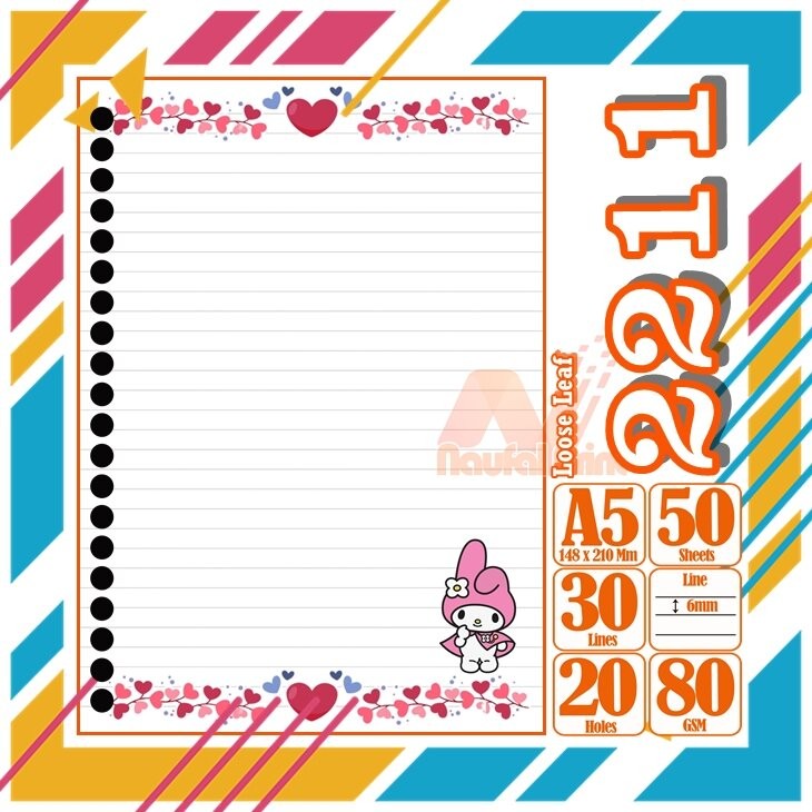 

Kertas Binder A5 Loose Leaf Polos putih Karakter Hello Kitty My Melody Cute Anime Lucu Love Pink Cewe Isi 50 Lembar Vol 24