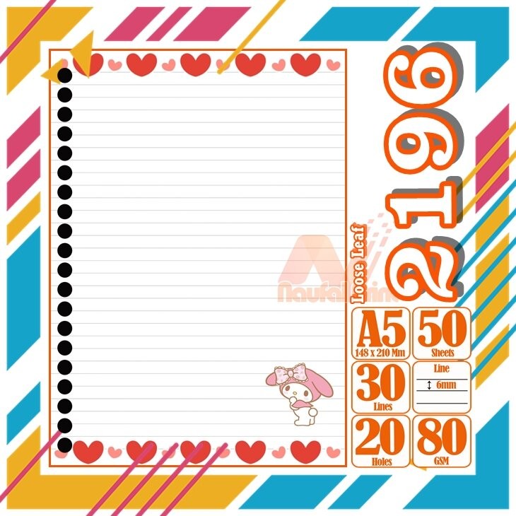 

Kertas Binder A5 Loose Leaf Polos putih Karakter Hello Kitty My Melody Cute Anime Lucu Love Pink Cewe Isi 50 Lembar Vol 11