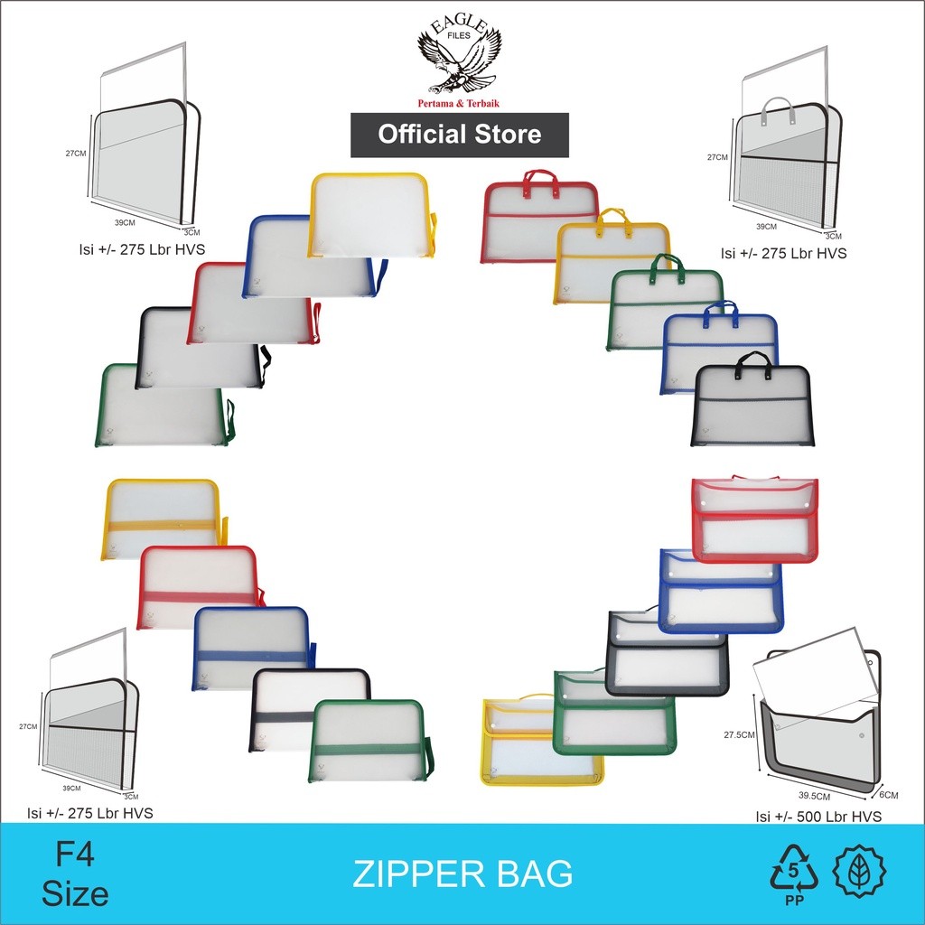 

EAGLE Zipper Bag F4 / Map Zipper / Map Tas 2 Kancing / Map Plastik Resleting / Map Resleting Jaring