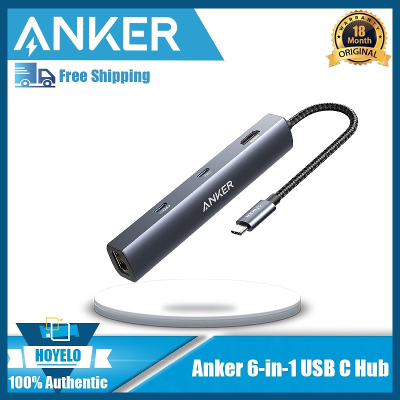 Anker USB C Hub, PowerExpand 6-in-1 Hub Ethernet USB C PD dengan Pengiriman Daya 65W, HDMI 4K, Ether