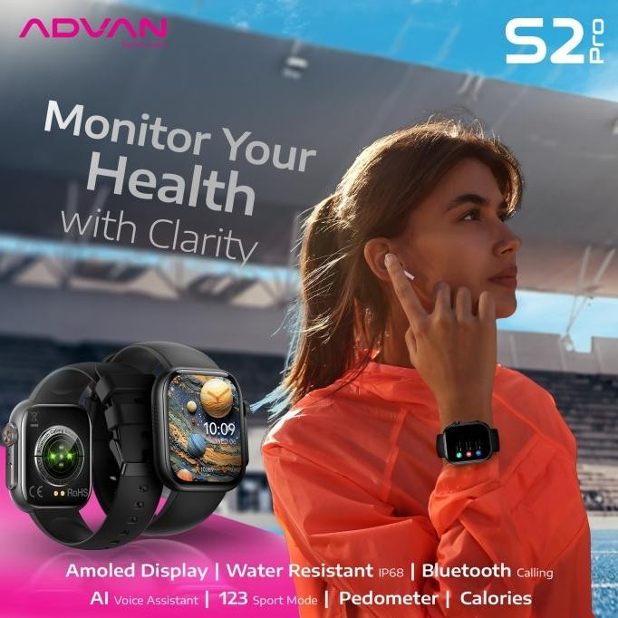 ADVAN SMARTWATCH S2 PRO AMOLED 1.95 INCH SLIM AI VOICE BLUETOOTH CALL WATERPROOF 20 DAYS BATTERY LIF