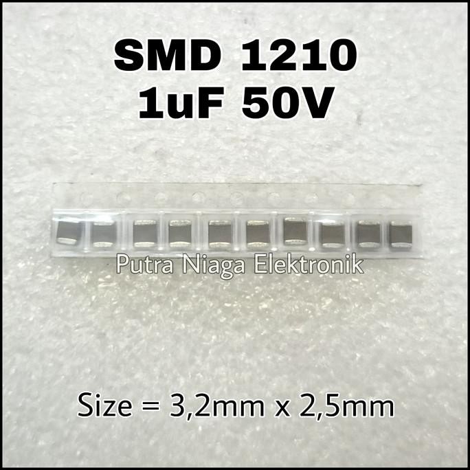 Baru (10) Kapasitor SMD 1210 1uF 50V Capacitor Non Polar 105 size 3,2mm x 2,5mm putr4n