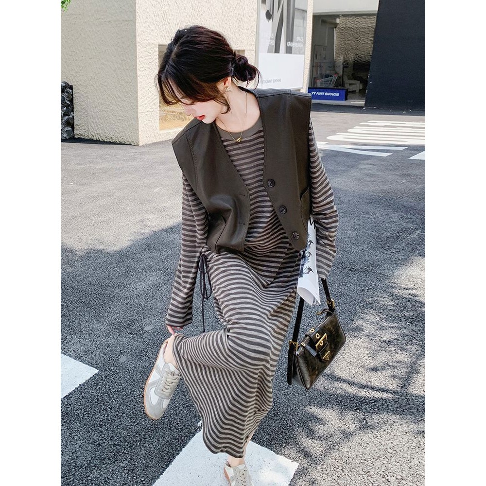 Fashion Leather Waistcoat Striped Long Sleeve Dress Two-Piece S00