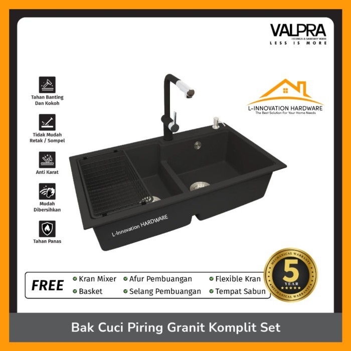 Kitchen Sink Granite Wastafel Bak cuci piring 2 Lubang Valpra