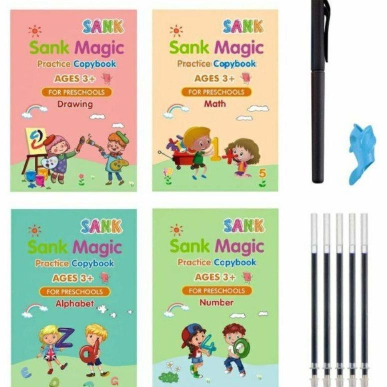 

dgh-43 1 Set Dapat 4 Buku Pena Magic Practice Book Belajar Alfabet Lukisan Aritmatika Berkualitas
