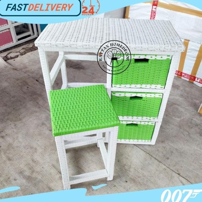 Meja Belajar Anak Anyaman Rotan Sintetis Warna Warni Plus Laci