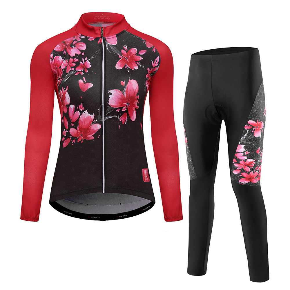Set Jersey Bersepeda Lengan Panjang Wanita + Jersey Bersepeda Pro Bernapas + Celana Panjang |75841F1