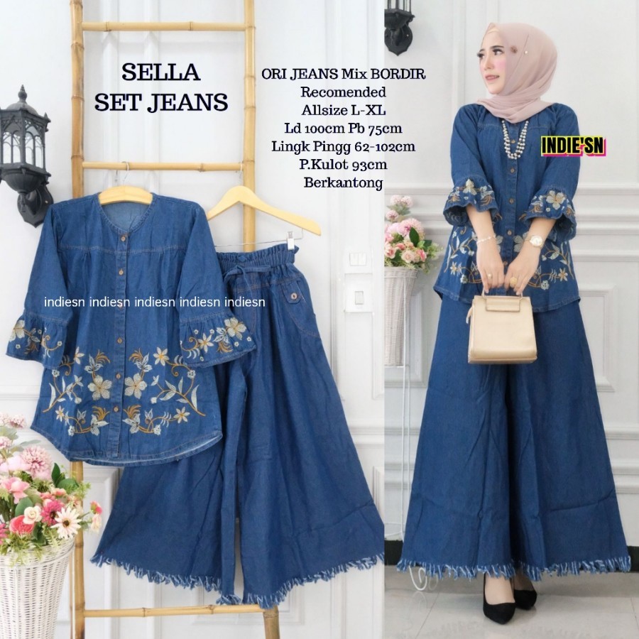 KEMEJA Sella Setelan Baju Jeans Set Celana Tunik Ukki Kulot Jumbo Tiedye Ibu Hamil |B3B9C499|