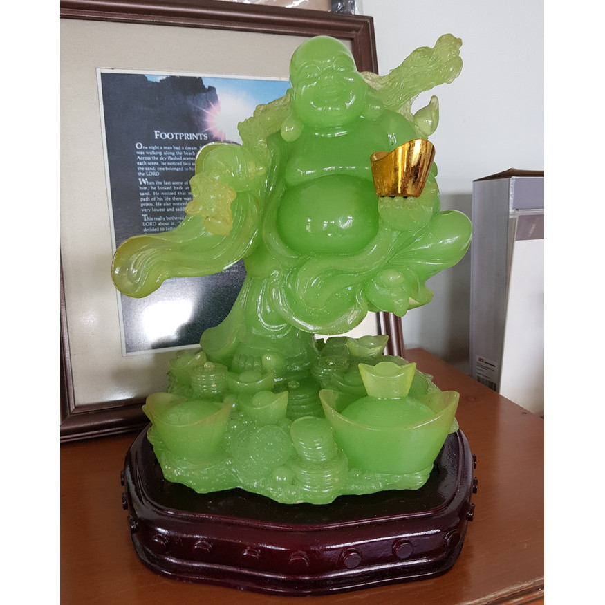 Sani - Patung Ukiran Hiasan Batu Giok Hijau Budha Emas Julay Kwan Im Angapo