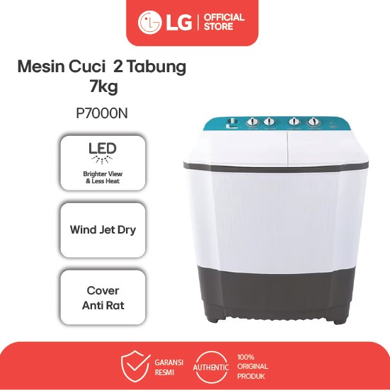LG Mesin Cuci Twin Tub 7kg - Top Load Roller Jet Pulsator 3 Program Pencucian Wind Jet Dry | P7000N