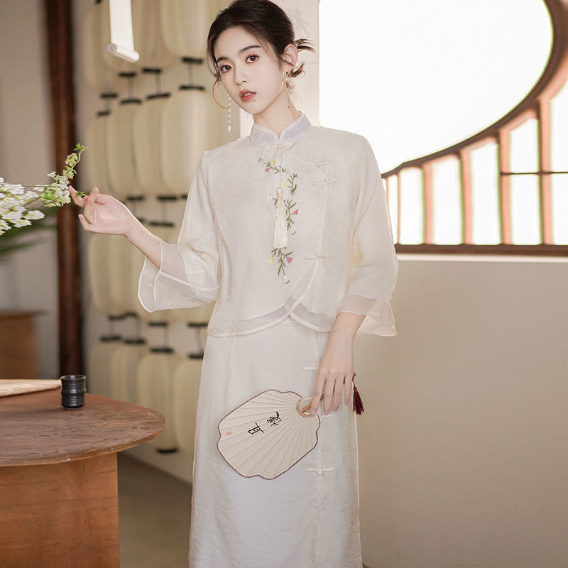 Setelan Baju Wanita Gaya China, Setelan Baju Wanita Dua Potong, Baju Teh, Atasan Gaya Nasional, Baju