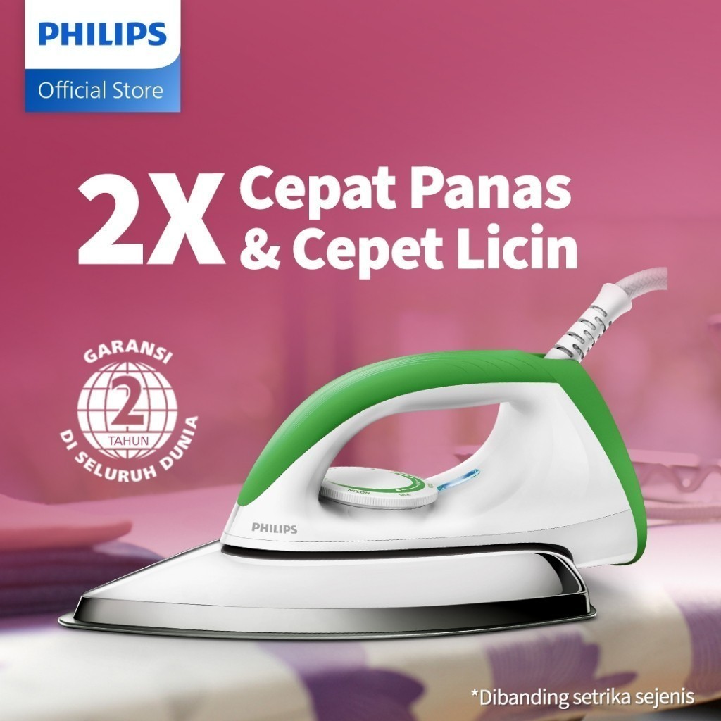 Philips Setrika kering HD1173/70 Hijau, Ceramic 4 Lapis, Anti-Lengket, seterika philips,gosokan baju