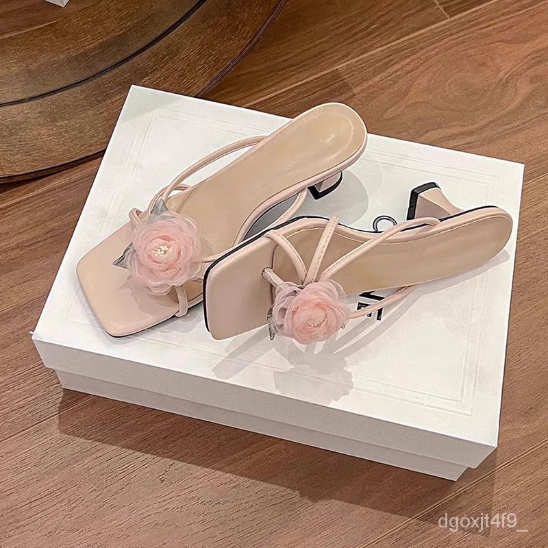 Sepatu Hak Tinggi Wanita, Sandal Mawar Ungu Elegan Retro Pakaian Luar Wanita Musim Panas