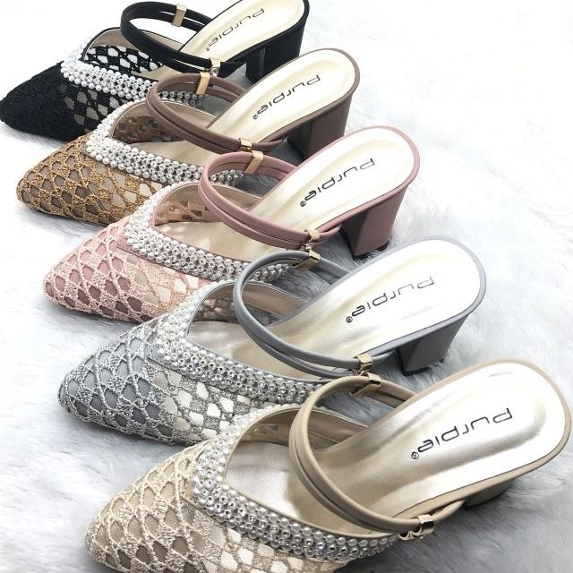 Sandal High Heels Pesta Wanita Brokat Purple Shoes