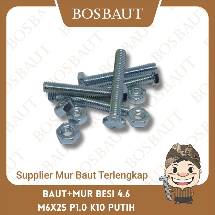 Baut Mur Besi M6x25 Putih (Kunci 10)