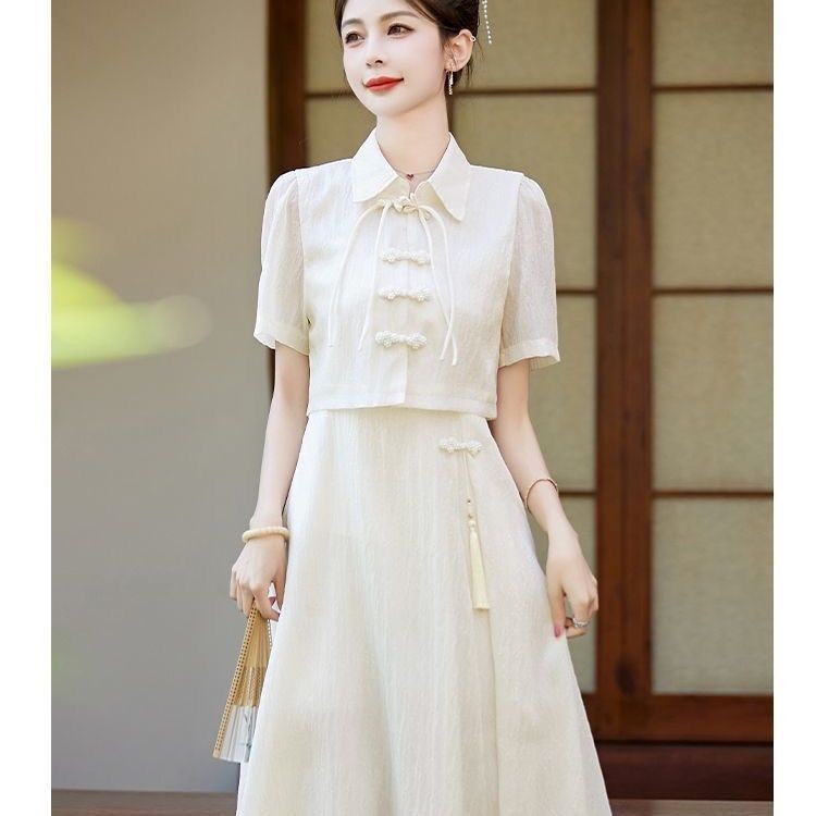 Chinese Improved Cheongsam Short Sleeve Dress Two-Piece Set