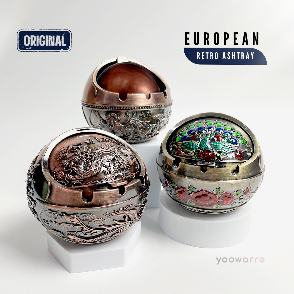 Asbak Rokok Logam Retro Tahan Angin Dengan Tutup Gaya Eropa Ashtray Vintage Metal