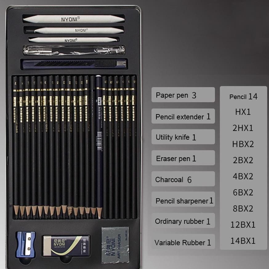 

ul-64 Nyoni Drawing Pencil Gambar Set 29pcs Metal Tin Box Pensil Gambar Lukis Sketsa Lengkap Paket Hemat