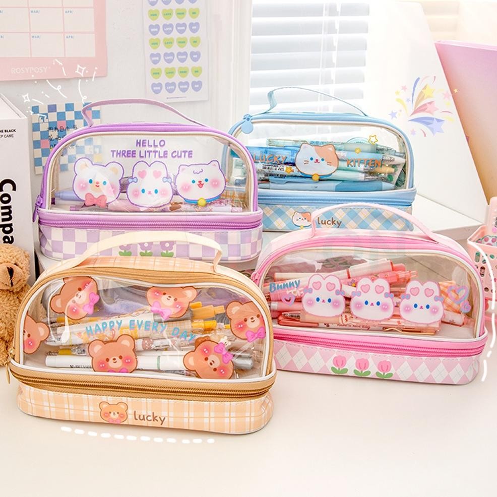 

GB29 IDOON Pencil Case Transparan Korea Tempat Pensil Besar Dua Lapis Kotak Pensil Tempat Pola Hewan Lucu Terlaris