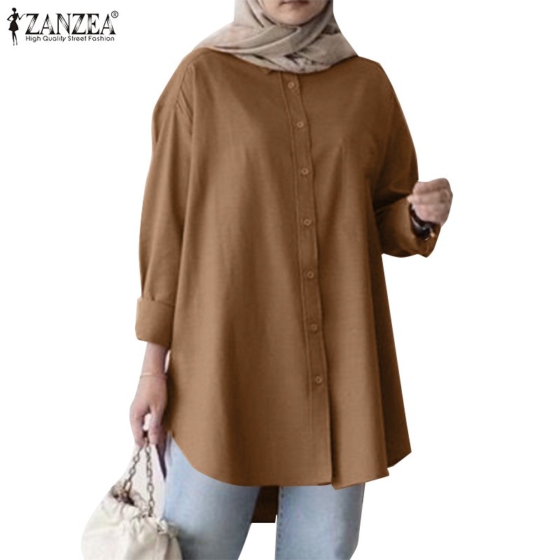 ZANZEA Wanita Muslim Santai Longgar Solid Harian Kerah Lengan Panjang Kemeja |rHDIDeqj|