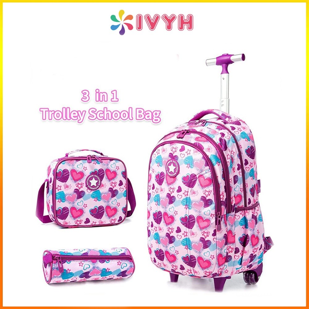 3Pcs/set Kelas 1-6-9 Tas Ransel Troli Smiggle Tas Sekolah 19 inci dengan 4 Roda Ransel Beroda untuk 