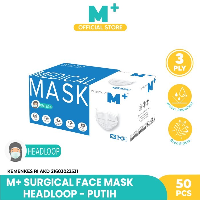 Terbaru Masker Medis Hijab/Headloop Putih M+ 3 Ply - Masker Isi 50 Pcs