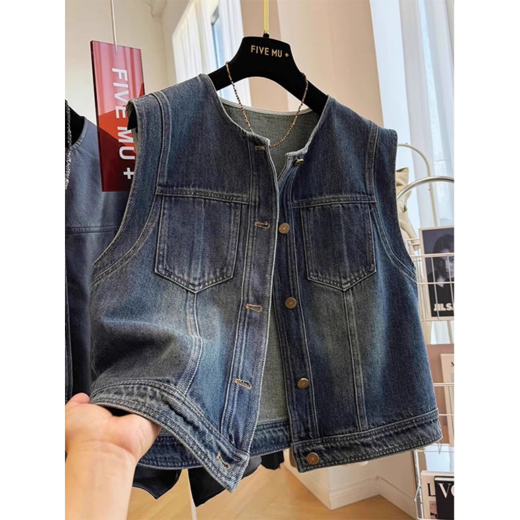 Rompi Denim Tanpa Lengan untuk Wanita, Rompi Denim Berkancing Sebaris Leher Bulat Modis Musim Gugur,