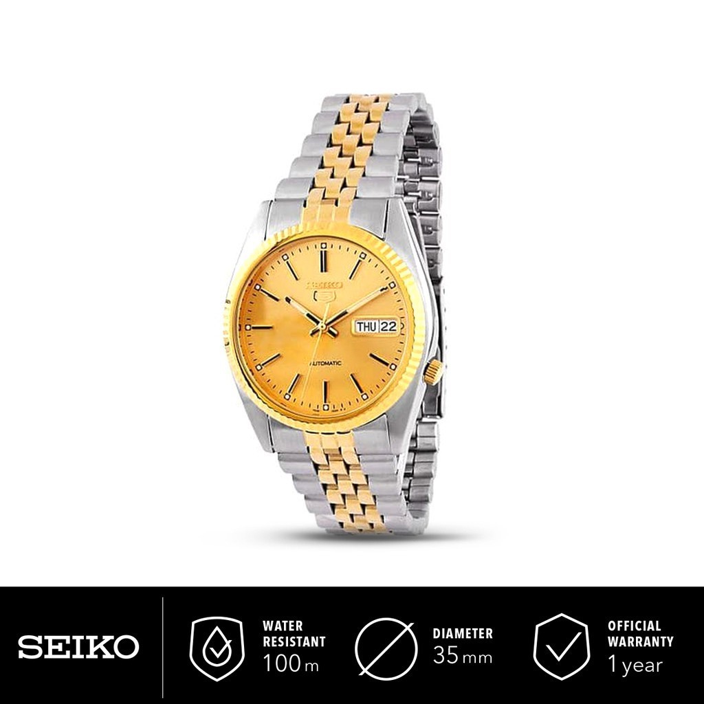 Jam Tangan Pria Seiko 5 SNXJ92K1 Automatic Gold Dial Two-Tone Stainless Steel SNXJ92 Original