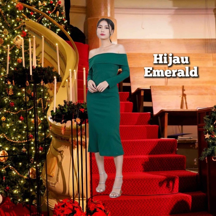 HARGA DISKON Baju Gaun Pesta Wanita Dress Natal Korea Terbaru Modern Hijau Botol