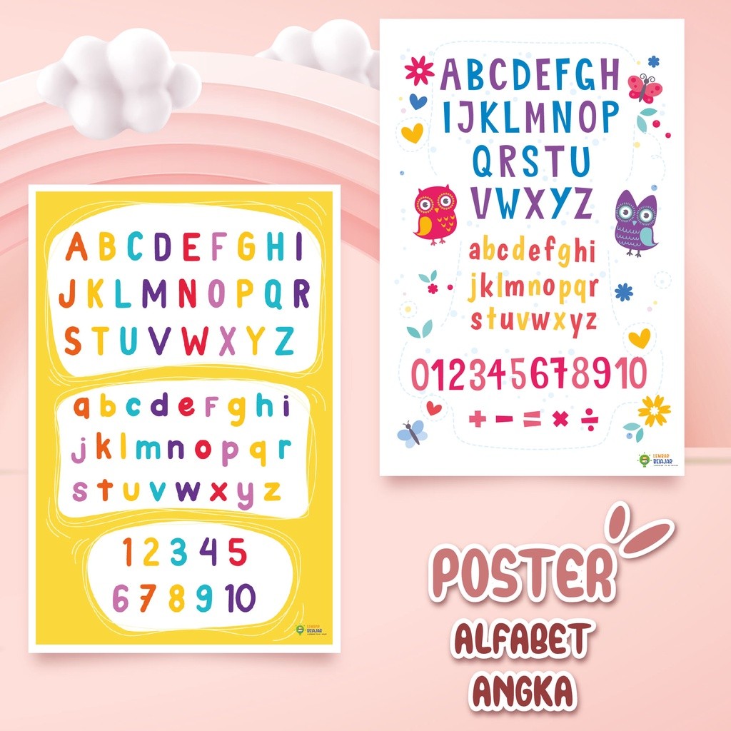EG364 Poster Edukasi Belajar Alfabet dan Angka, Poster Belajar Huruf Besar dan Kecil serta Angka 1