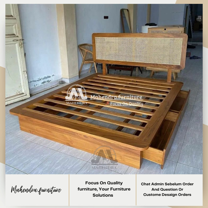 Dipan Tempat Tidur Laci Kayu Jati Headboard rotan tempat tidur dipan Minimalis laci Kayu Jati