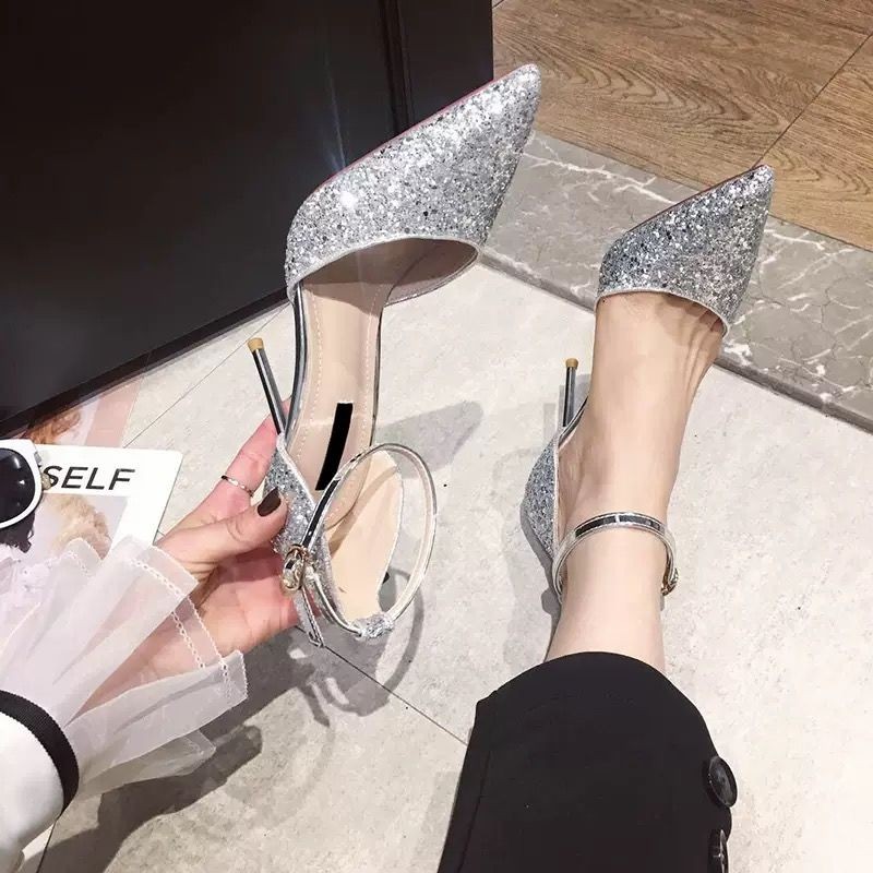 Sepatu High Hils Wanita Payet2021Sepatu Hak Tinggi Ujung Tertutup Perak, Sepatu Lapis Tunggal, Sepat