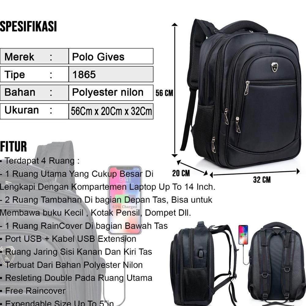 Ex45 POLO GIVES - Ransel Kerja POLO Original Import 18 Inch + Free Kabel USB + Raincover|tas ransel 