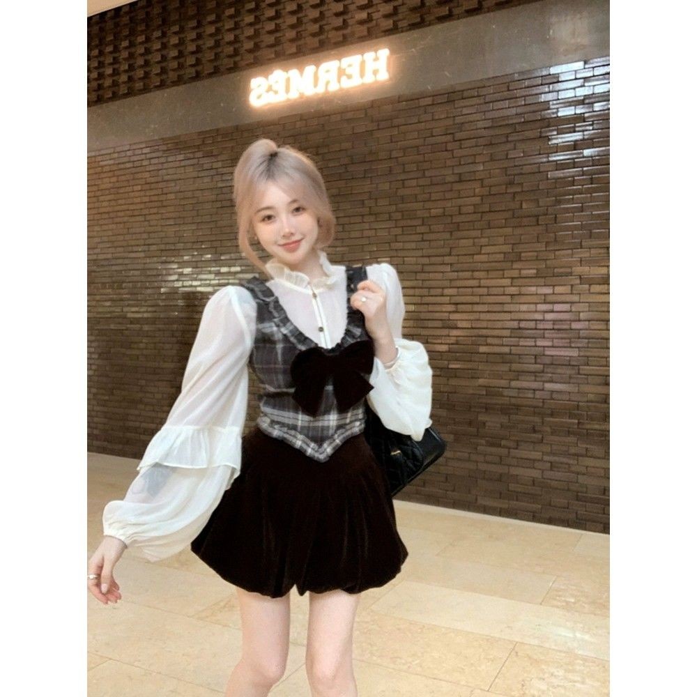 [Cream Winnie]Kemeja rompi kotak-kotak pita atasan rok beludru modis set tiga potong untuk wanita