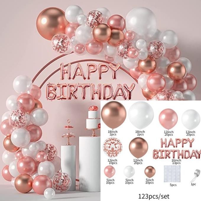 Terbaik 123 Pc Balon Garland Rose Gold Happy Birthday Balon Latex Set Dekorasi