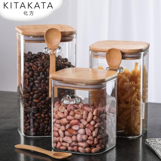 KITAKATA Toples Kaca Penutup Kayu Kedap Udara Transparan + Sendok Kayu